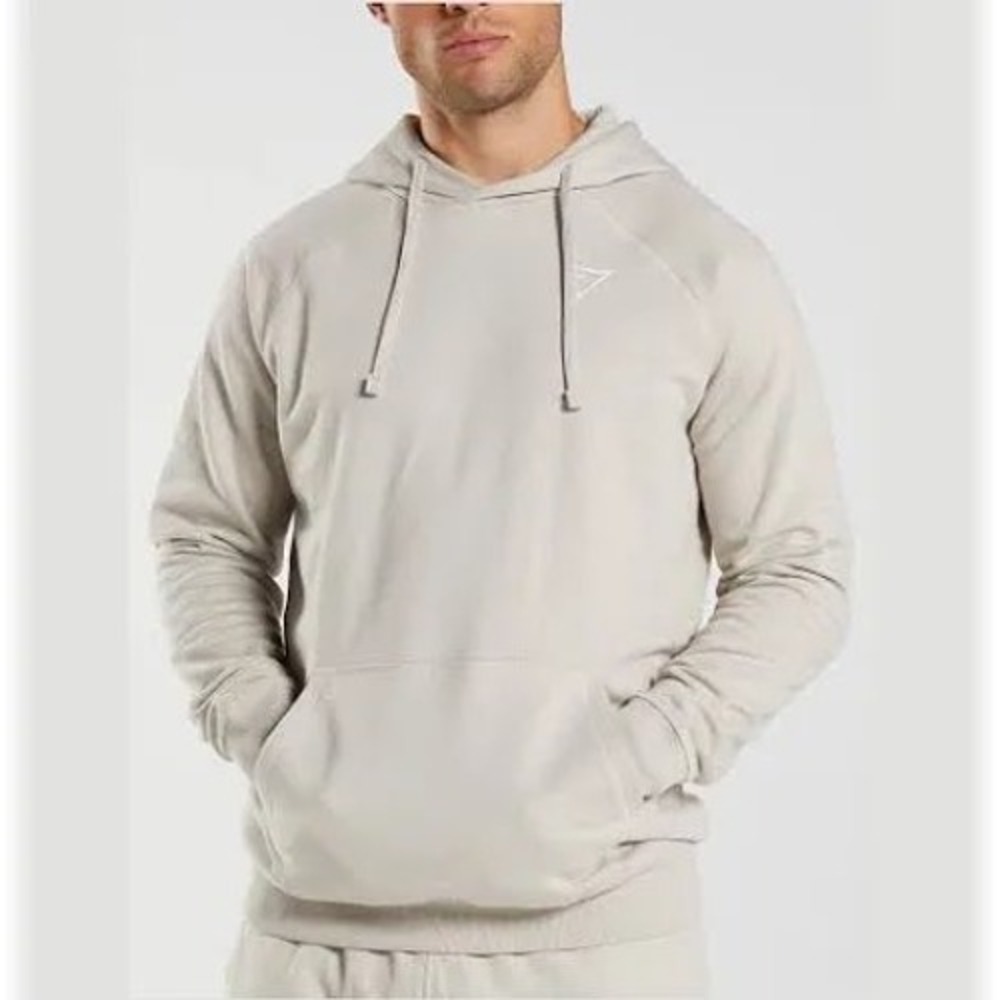 Gymshark Essential Hoodie Mens Medium Sand Beige Fleece Pullover Logo